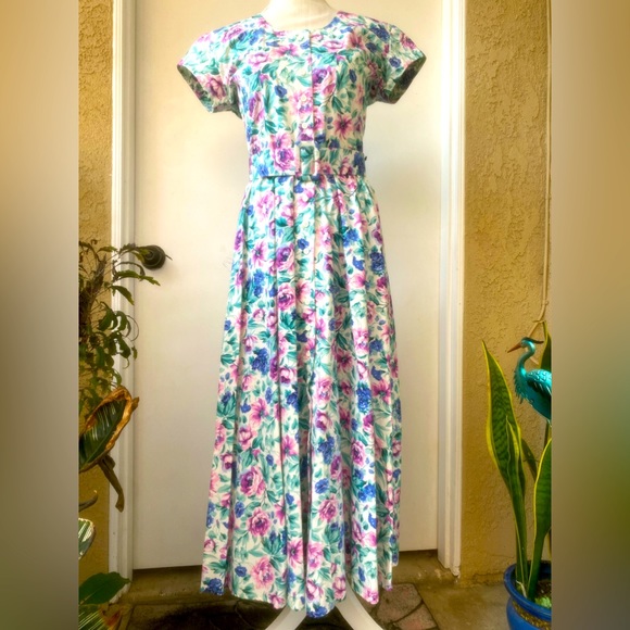 Dresses & Skirts - 80s vintage karin stevens floral belted buttoned garden party dress sz 4